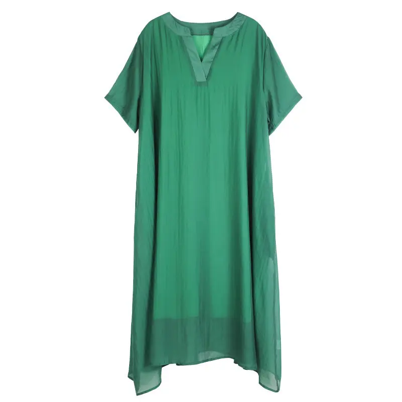 

XITAO V-neck Solid Color Patchwork Dress 2021 Summer New Style Age Reduction Western Style Slim Plus Size Dress WMD1158