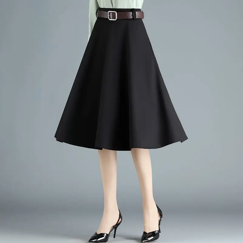 A-line Fashion Skirt Spring Autumn New Slim Belt Black High Waist Umbrella Skirts Women Elegant Jupe Femme With Lining K1253 | Женская