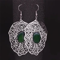 leaf green natural stone stainless steel bohemian drop earrings women silver color earring jewelry boucle doreille femme exs04