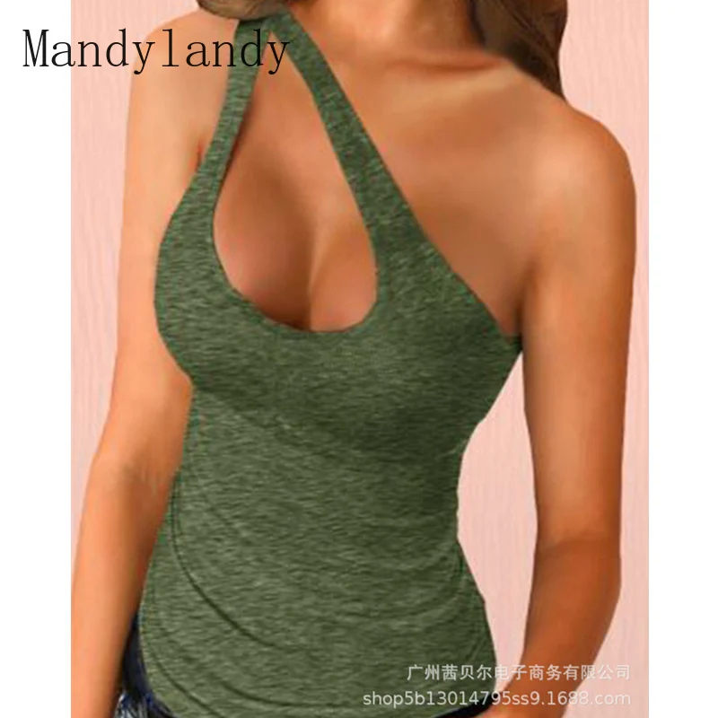 

Mandylandy Women Sexy Summer Skinny Vest Shirt Top Ladies Casual Fashion Sleeveless One Shoulder Halter Slim Fit T-shirt