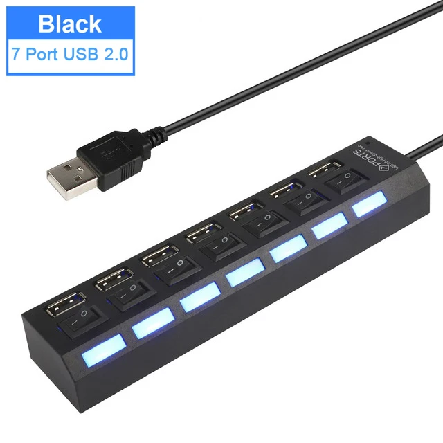 7 Port USB 2.0 Black USB 3,0 концентратор 2,0 концентратор Мульти USB разветвитель 4/7 порт расширитель несколько USB 3,0 Hab с адаптером питания USB3.0 концентратор с переключателем для ПК - Цвет: 7 Port USB 2.0 Black