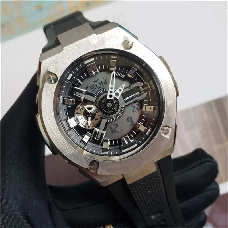 

Brand GST 410 Men's Watch LED Digital Multifunction Sports Water-proof Double Display Stainless Steel Wristwatch Silicone Watche