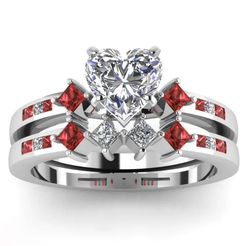 

Milangirl Couple Ring Men Ring White/Red Zircon Heart Women Ring Bridal Engagement Wedding Band Valentine's Day