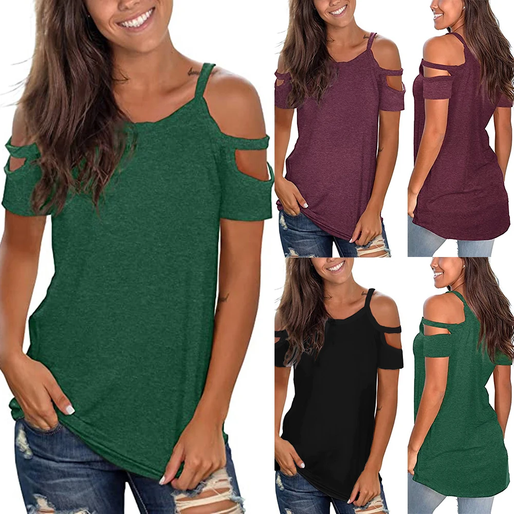 

Female Basic T-shirt Short Sleeve Round Neck Solid Color Simple Tops Summer Off Shoulder Fashion Tee Shirt Women Clothing