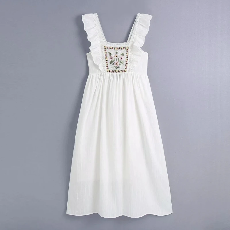 

Summer Women Floral Embroidery Lace Splicing Ruffle Suspender Midi Dress Female Clothes Leisure Lady Loose Vestido D8036