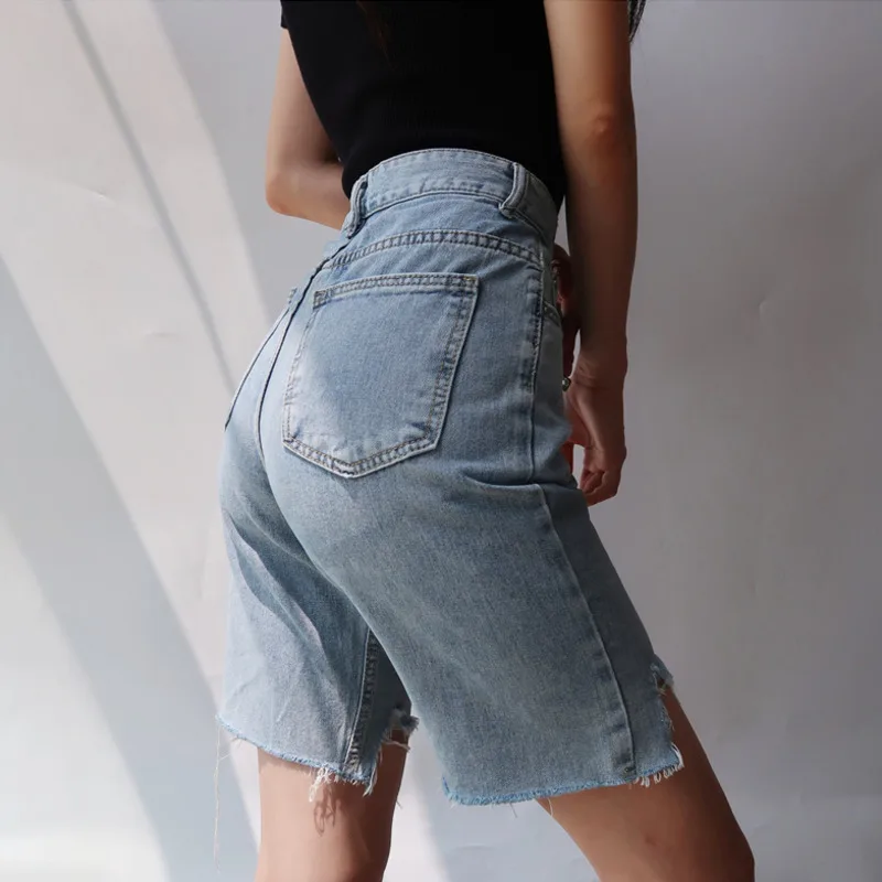 

High Waist Hole Tassels Slim Cyclist Denim Bermuda Shorts Jeans Summer Straight Casual Fashion Women Denim Shorts Zipper 2021