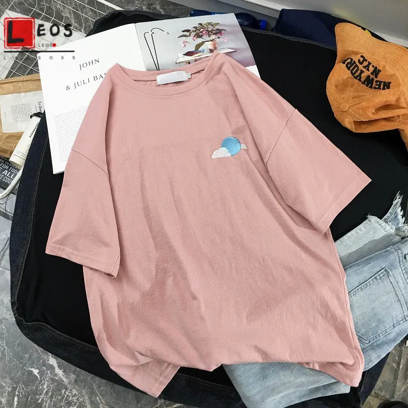 harajuku weather embroidery Women t shirt cartoon Loose All-match summer Short Sleeve Simple Kawaii Candy colors tshirt | Женская одежда