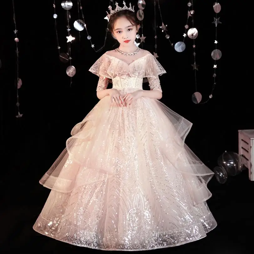 

Children Sequines Stitching Short Sleeve Princess Evening Gown Kids Catwalk Birthday Party Beautiful Dress For Girl L891