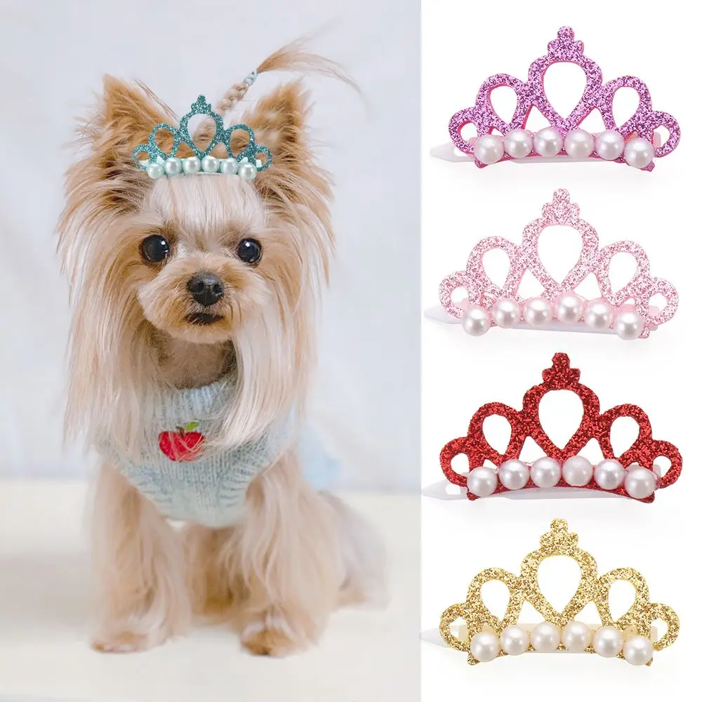 

NEW Pearl Headdress Pet Supplies Pet Headwear Puppy Accessories Crown Shape Dog Bowknot Hair Clip Bow-tie Hairpin