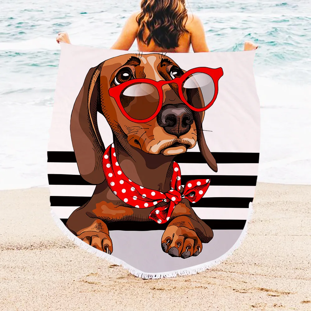 Круглое пляжное полотенце с мультяшной собакой кисточками из микрофибры одеяло