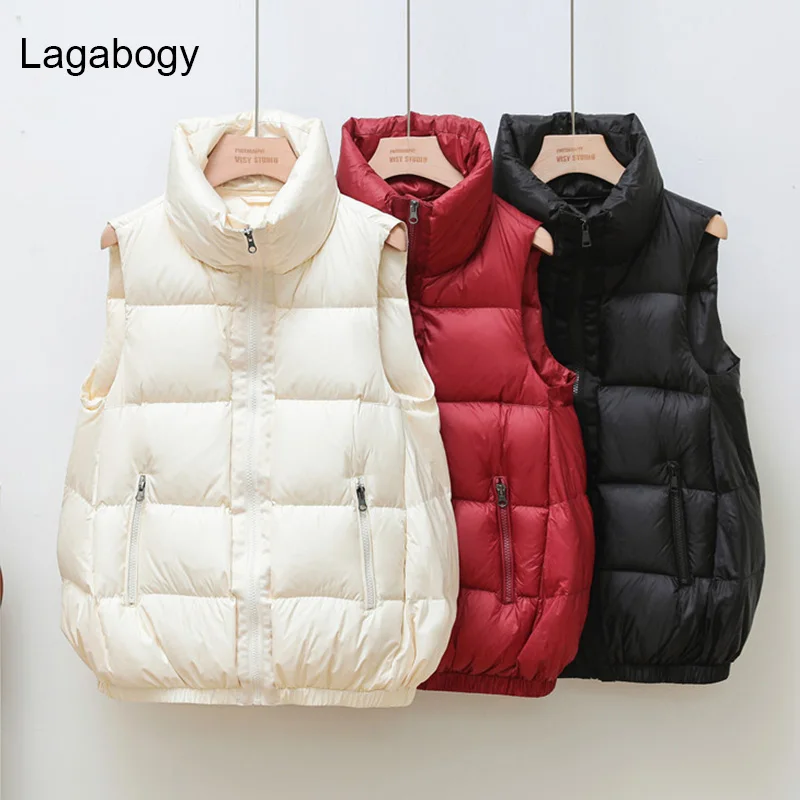 

Lagabogy 2021 New Autumn Women White Duck Down Vest Ultra Light Waistcoat Female Stand Collar Zipper Sleeveless Short Warm Coat