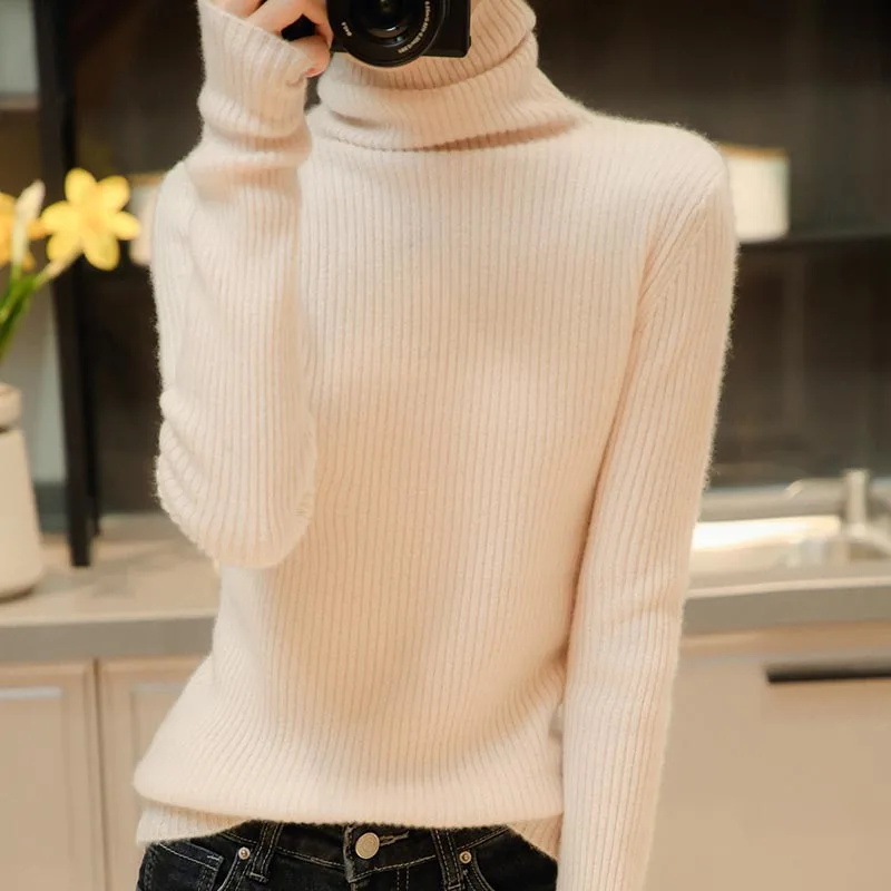

MeetMetro 100% Wool Women Sweater Turtleneck Pullover Women Autumn Knitted Sweater Knit Tops Solid Jumper Women Korean Fashion