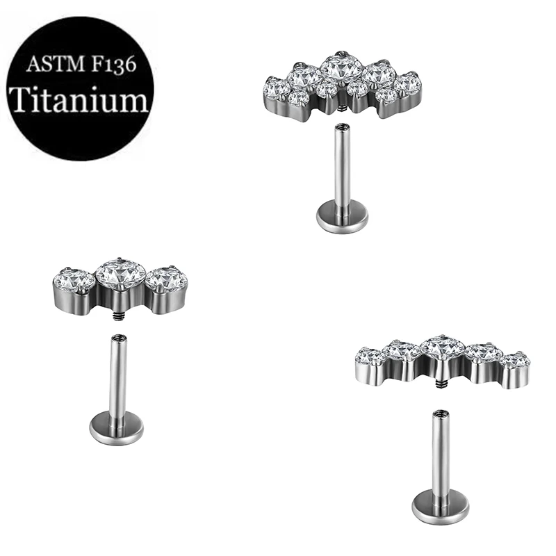 ASTM F136 Titanium Lip Stud Ear Nail Zircon Jeweled Fit Top Internal Base Internal Thread Type Fashion Body Piercing