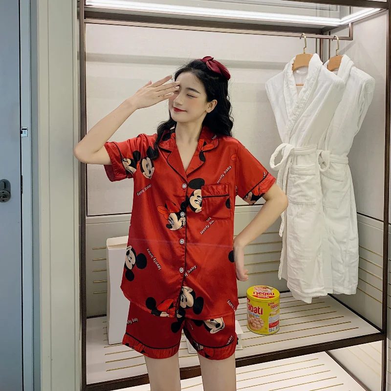 Disney Mickey Mouse Faux Silk Pajamas Set Women Summer Shirt and Shorts Satin Red Short Sleeve Casual Female Pijama Home Wear