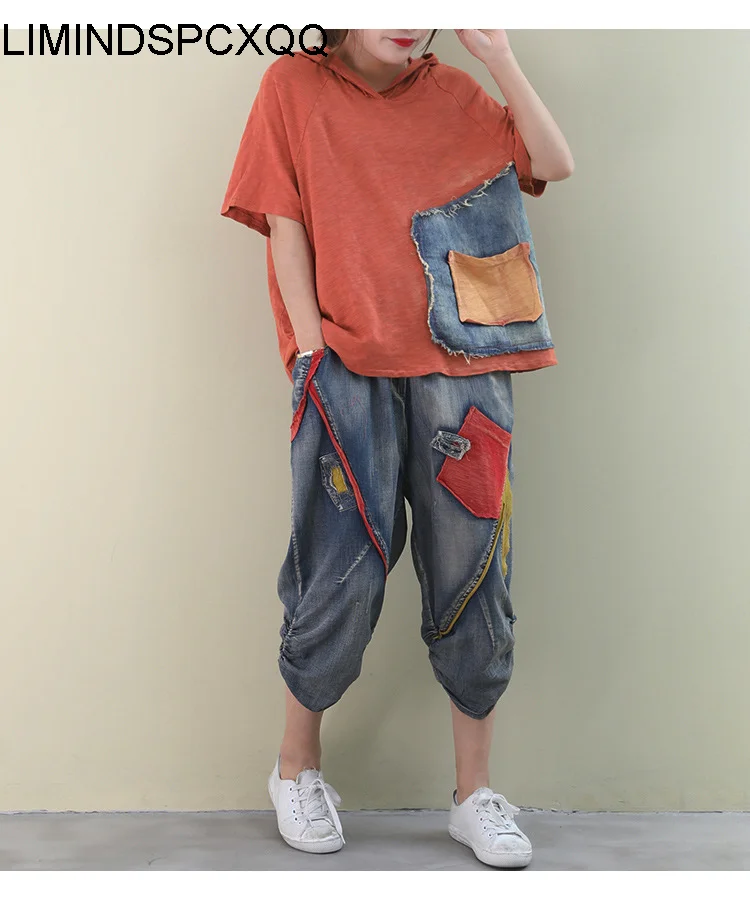 

LIMINDSPCXQQ Summer 2021 New Fashion Women Red Patchwork T-shrits Ladies Hooded Loose Short Sleeve Tee Fitness Tops Plus Size