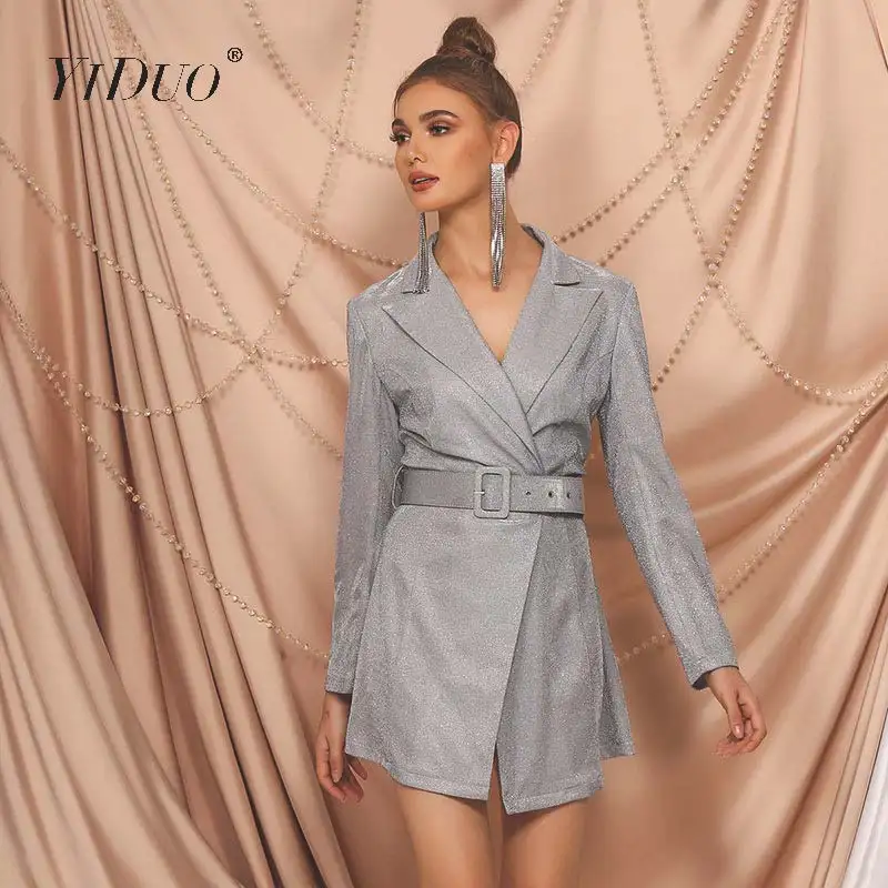 YiDuo женское модное блестящее вечернее платье с серебряными блестками поясом