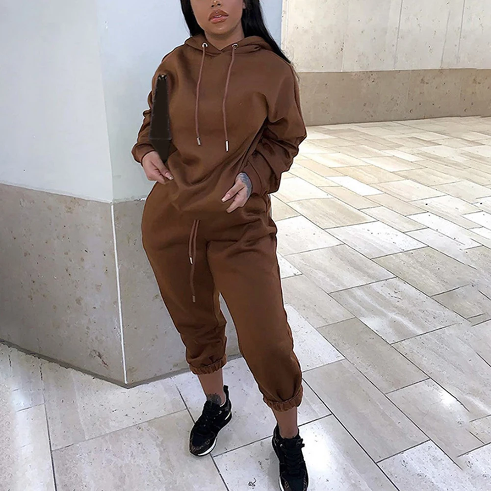 

Casual Two Piece Set Hoodie Solid Color Short Tops And Long Pants Loose 2 Piece Set Women Fashion Sexy Sport Female Tracksuits