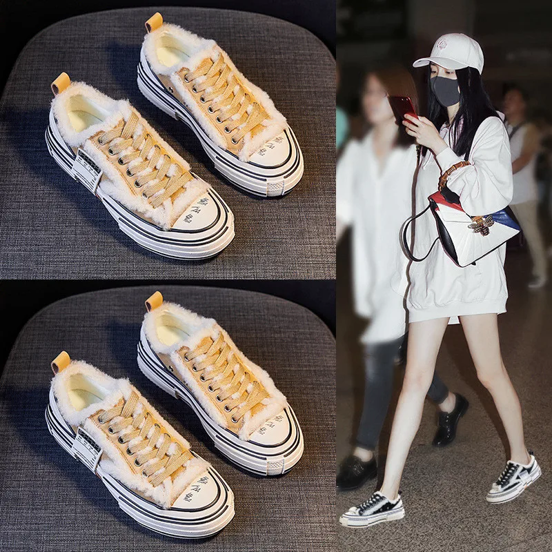 

Autumn Winter New Fashion Casual Women's Chunky Sneakers Faux Fur Plateforme Female Canvas Shoes Black Plateforme Ladies Shoes