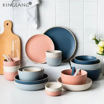 Kinglang Nordic Ceramic 4 Person Use Dinner Set Morandi Color Dishes Cutlery Set Plates