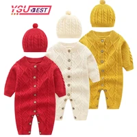 new baby rompers knitted newborn boy jumpsuit with hat outfits long sleeve autumn infant girl overalls winter warm children wear