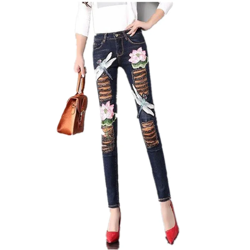 Spring Autumn Skinny Women's Jeans Embroidery Lotus Sequined Dragonfly hole slim denim pencil pants female