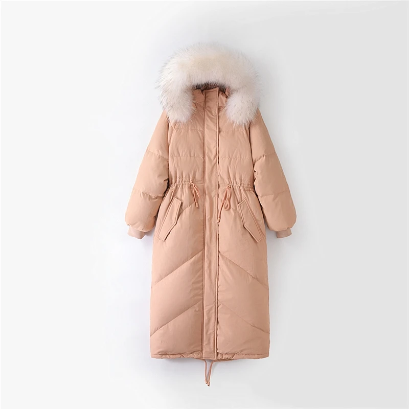 Winter white duck down jacket large fur collar hooded extended zipper cardigan long sleeve coat thickened gray straight jacket