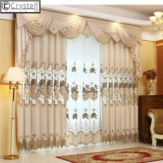 Curtains for Living Dining Room Bedroom European Style Luxury Embroidered Beige Chenille Valance Tulle Windows Hollow Out Door