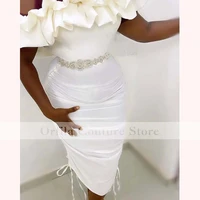 tea length white short prom dress 2021 off shoulder satin club cocktail party gowns custom size robe de soiree