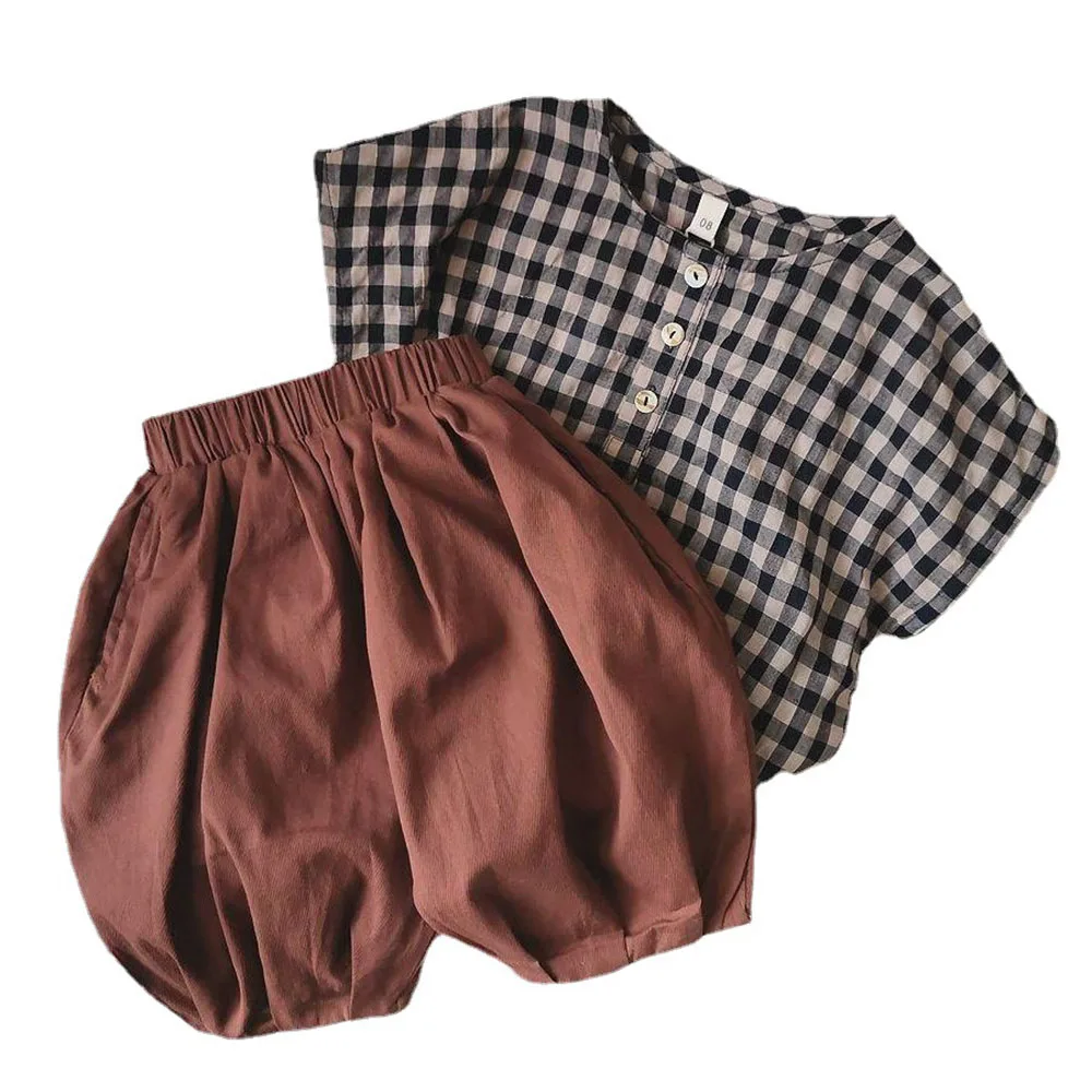 

Fashion Kids Clothes Set 2021 New Summer Baby Girls Short Sleeve Plaid T-Shirts Tops+Bloomers Pants 2Pcs Children Clothing 1-6Y
