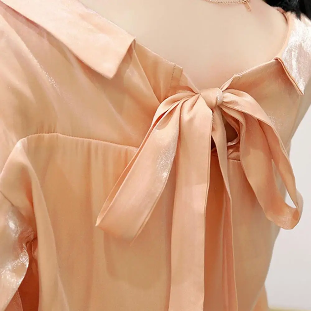 

Chiffon Temperament Shirt Top For Women V-Neck Bow Long Sleeve Pocket Solid Color Wild Bottoming New 2020 Spring Button Shirts#7