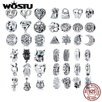 wostu authentic 925 sterling silver flower plane cat life tree beads charms pendant fit bracelets women fashion diy jewelry gift