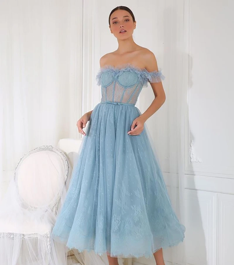 

Hot Sale New Lace Tulle Tea Length Evening Wear 2020 Off the Shoulder Formal Prom Gowns Party Ladies Vestido De Festa