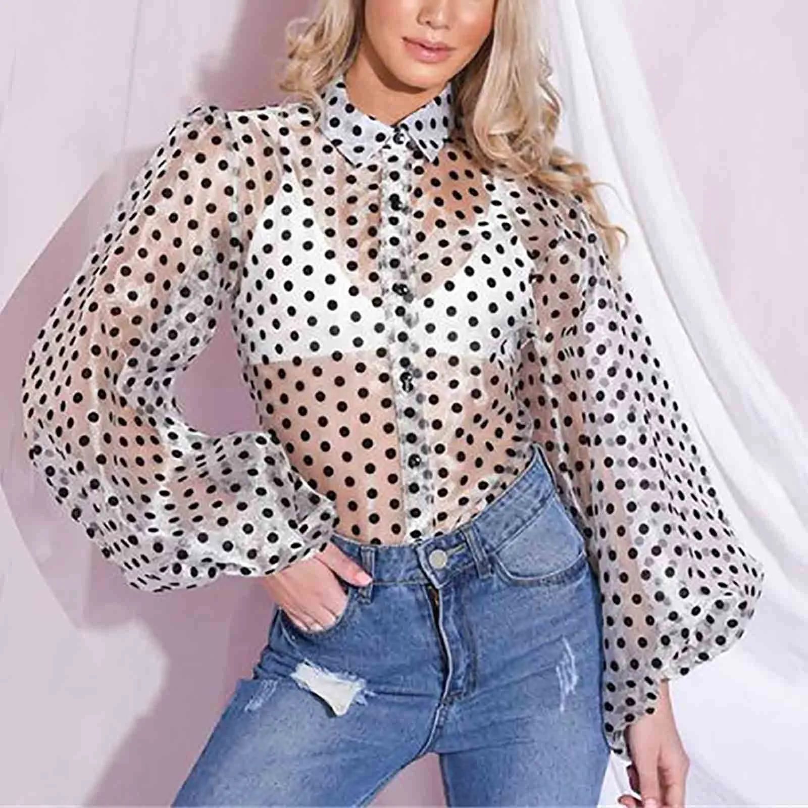 

2021 Women's Blouse Deep Transparent Polka Dot Mesh Shirt Puff Long Sleeve Top Black Shirt Women's Blouses Party Blouses