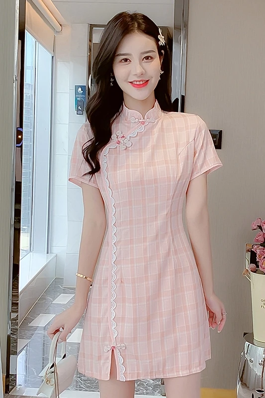 

COIGARSAM Cute Plaid Women dress Cheongsam Dresses 3631