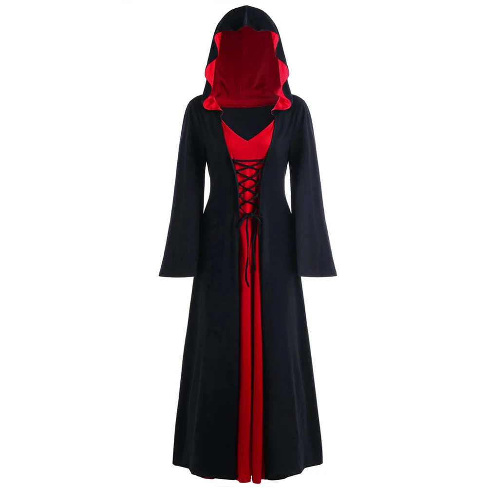 

Vintage Gothic Punk Dress Women Costumes Lace Up Hooded Gothic Pullover Bandage Long Dress Cloak Winter Hoodies Dress Clothing