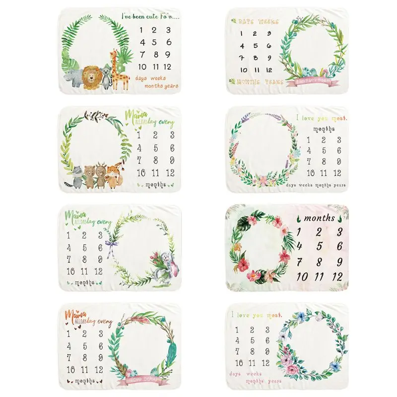 

Baby Monthly Record Growth Milestone Blanket Newborn Wreath Pattern Photography Props Photo Creative Background Cloth Infant Gif