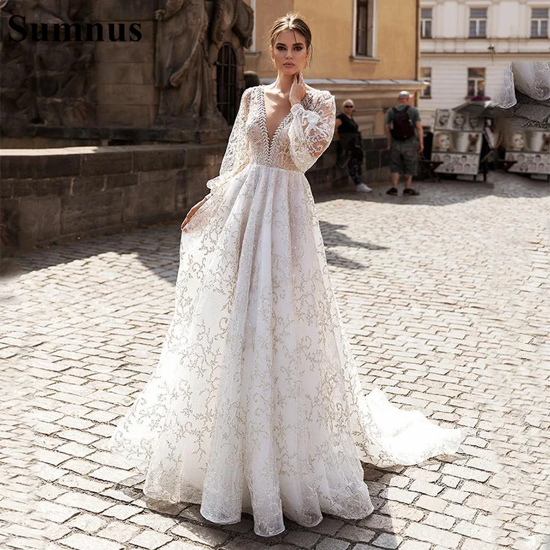 

SoDigne Boho Wedding Dresses Long Sleeve Lace Appliques Country Wedding Gowns V Neck Beach Bridal Gowns Robes De Mariee