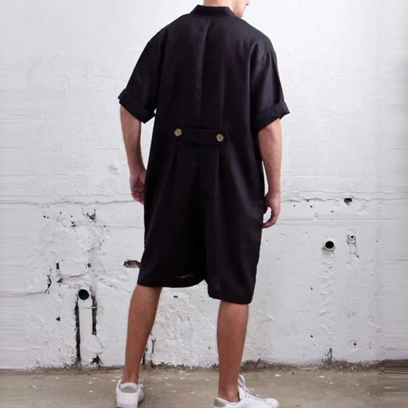 Летние свободные мужские комбинезоны из хлопка с коротким рукавом и пуговицами
