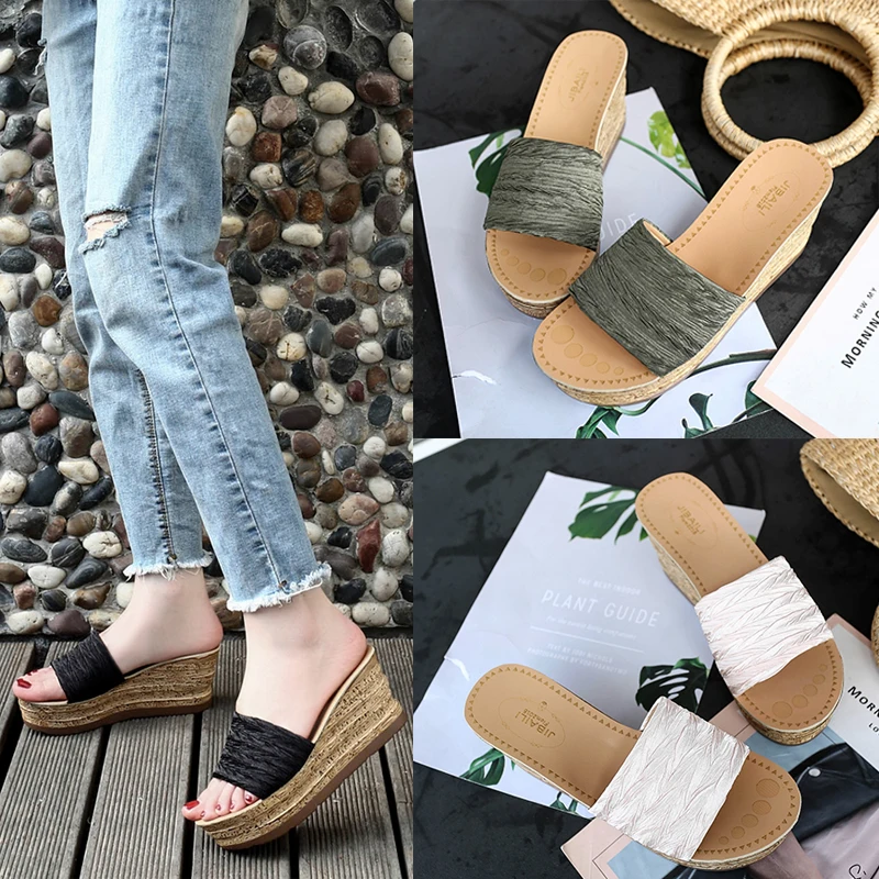 Шлепанцы на танкетке Женские летние сандалии с широко открытым носком толстой