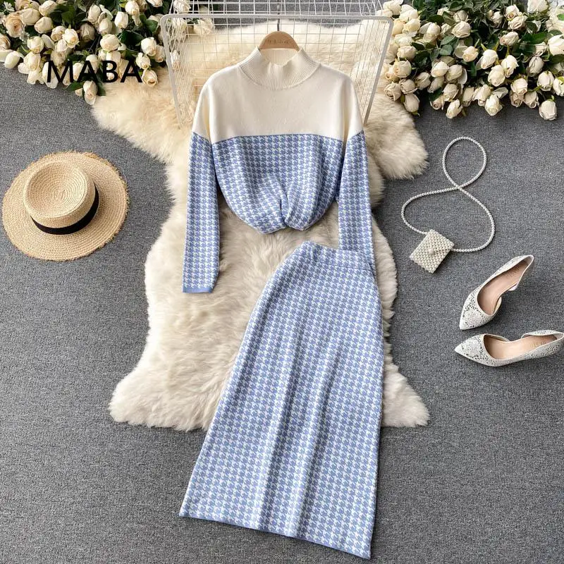 

Женский вязаный костюм из 2 предметов, Элегантный мягкий Свободный пуловер с воротником-стойкой и юбка-трапеция с высокой талией, костюм с п...