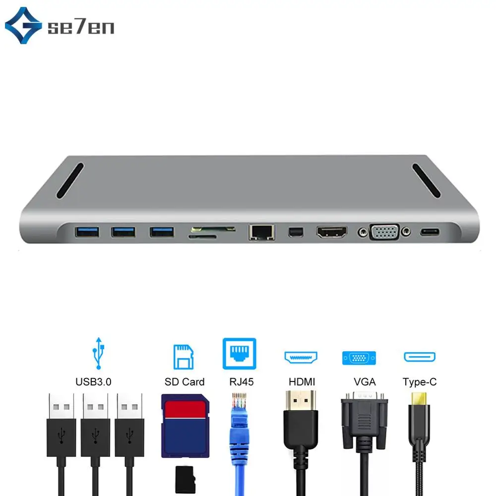 11 in 1 USB C концентратор для USB3.0 TF SD ридер HDMI VGA RJ45 3,5 аудио мини DP док-станция для MacBook Pro USB-C type C 11 порт USB C концентратор - Цвет: 11 in 1