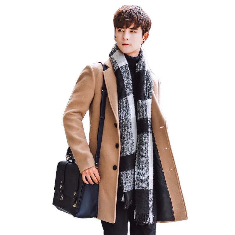 

Autumn and winter new men's woolen coat Korean style slim mid-length windbreaker men's solid color lapel wholesale trendy long-s