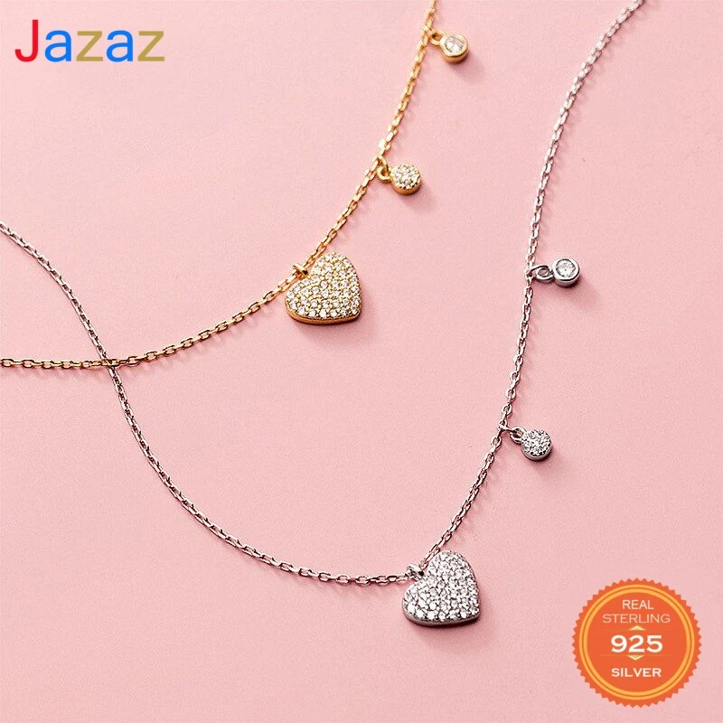 

Jazaz Real 925 Sterling Silver Zircon Heart Round Choker Necklace For Women Party Fine Jewelry Cute Accessories D001173