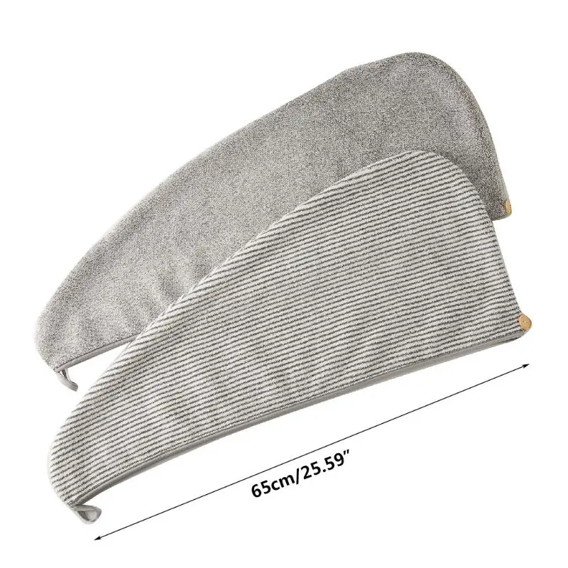 

53CA Bamboo Microfiber Hair Towel Wrap Gray Striped Quick Drying Shower Turban with Button Absorbent Anti-Frizz Bath Hat