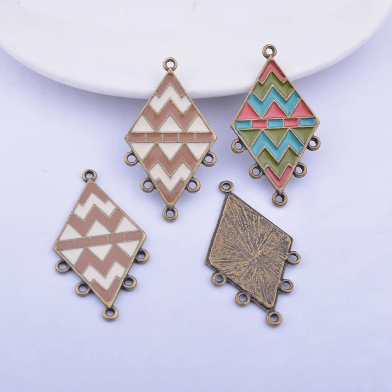 

12pcs Earrings Decoration 5 Hole Lozenge Earrings Connector Alloy Antique bronze Geometry Connectors Enamel Charm