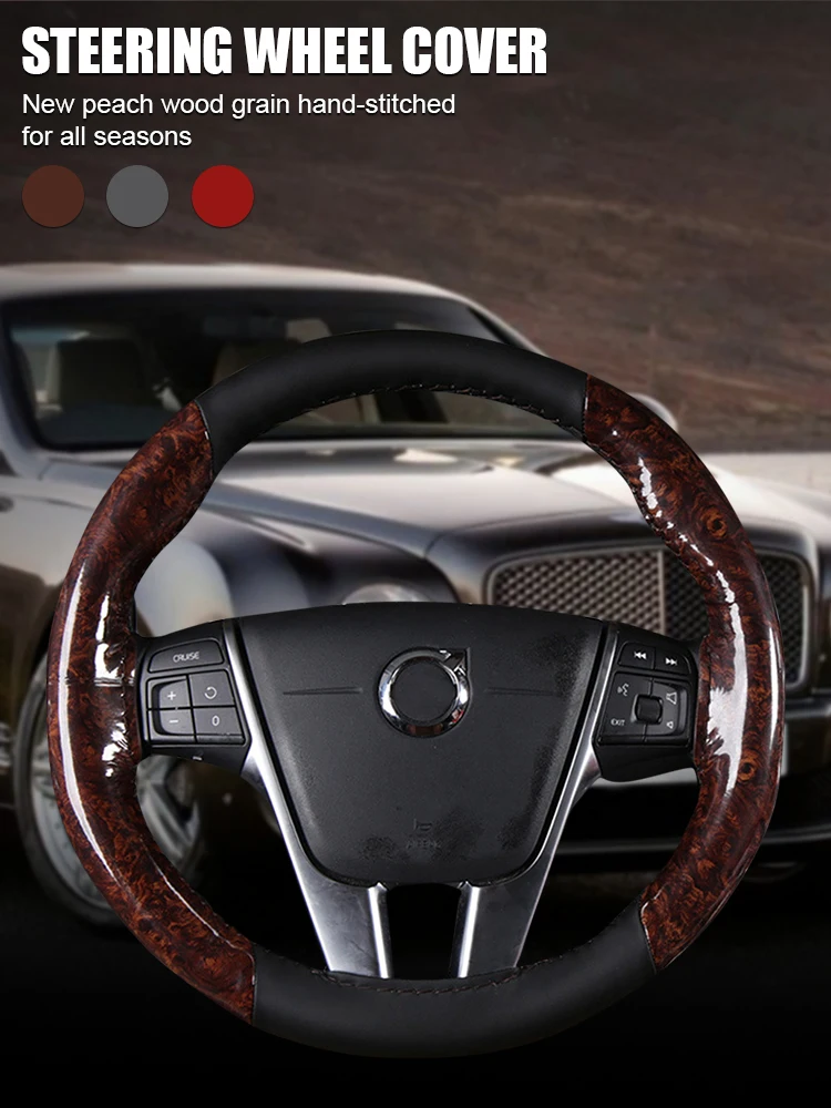

Car Steering Wheel Cover Anti Slip Leather Steering Covers Suitable 38cm Auto Decoration Mahogany Wood Texture Accessories