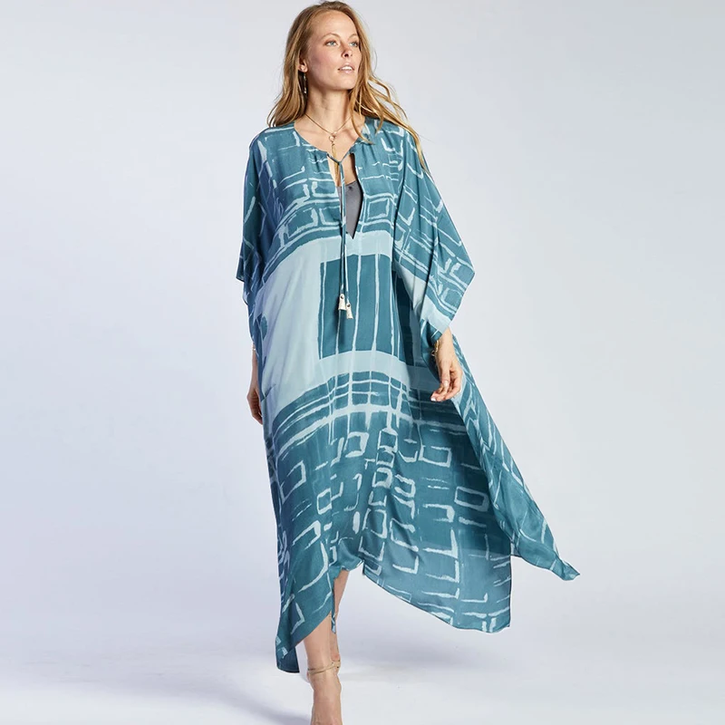 2020 Indigo V-neck Batwing Sleeve Tassel Loose Boho Dress Tunic Beach Kaftan Women Plus Size Casual Street Wear Midi N1150 | Женская