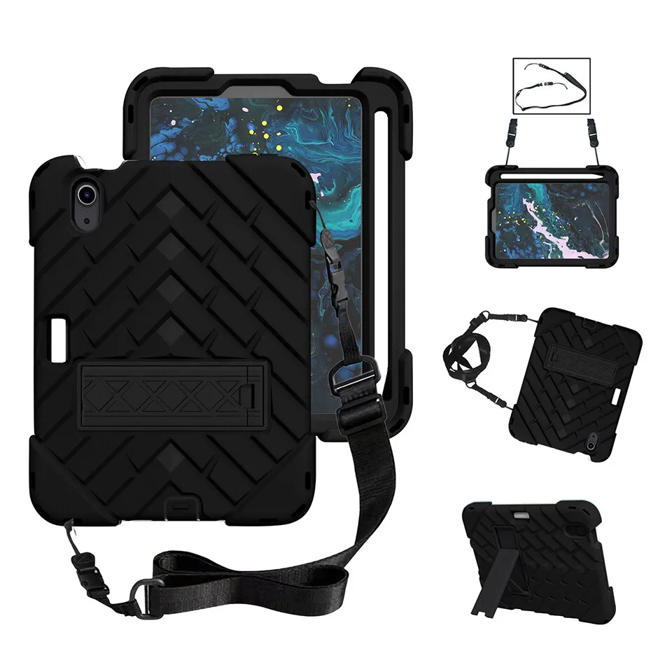 

Three Layers Protective Silicon Case with Foldable Kickstand for iPad Mini 6 Kids Shockproof Cover 2021+Strap