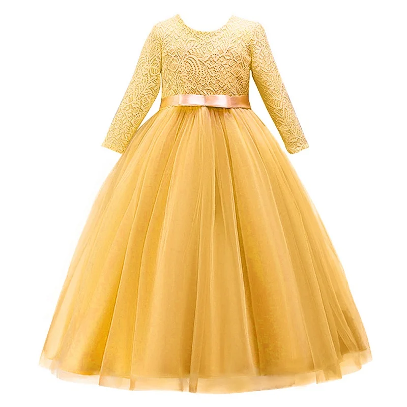 yellow Модное Новое Детское платье для девочек, 3/4 рукав, высокая талия, зеленое кружевное Тюлевое платье с v-образным вырезом на спине элегантное праздничное платье принцессы для девочек на день рождения - Цвет: yellow
