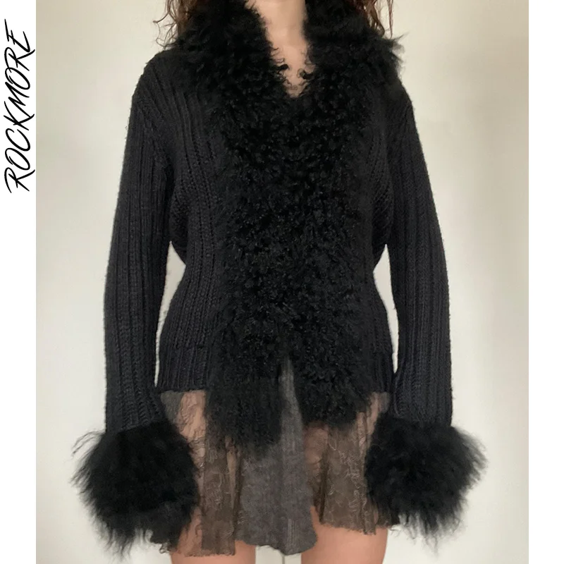 

Rockmore Fur Patchwork Sweater Cardigans Autumn Furry Slim Knitwear Women Winter Knitted Long Sleeve Tops Y2K Black Outerwear